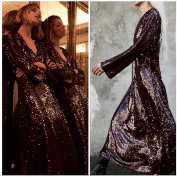 Zara Dresses & Skirts - NWOT Zara Burgundy Long Sleeve Maxi Sequin Dress